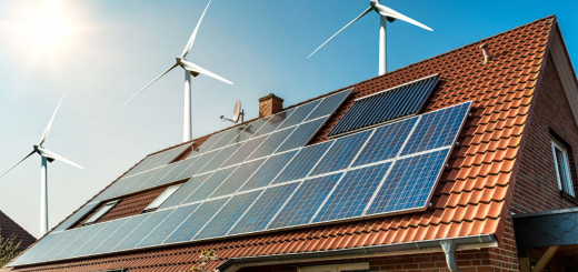 家の屋根にあるソーラーパネルと風力タービン - 持続可能な資源のコンセプト - 画像: @shutterstock|Diyana Dimitrova