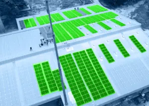 太陽光発電屋根システムからの独自の電源を備えた倉庫、生産ホール、産業ホール