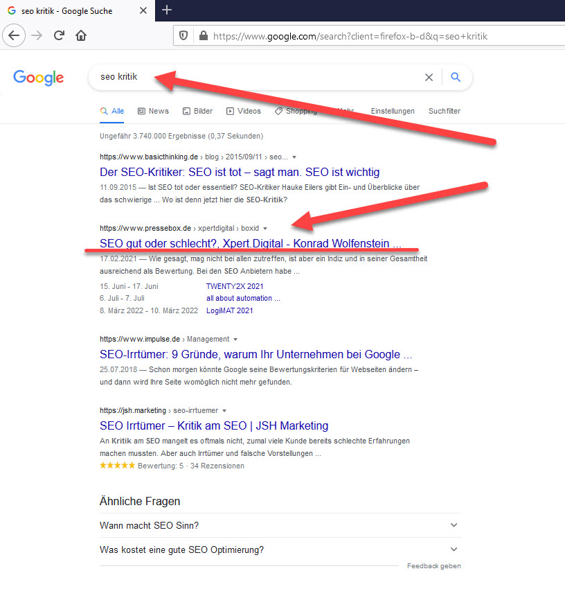 Google Suche mit den Suchbegriffen 