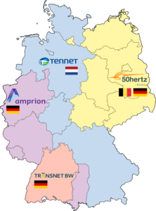 Kontrolní oblasti se 4 provozovateli přenosových soustav v Německu