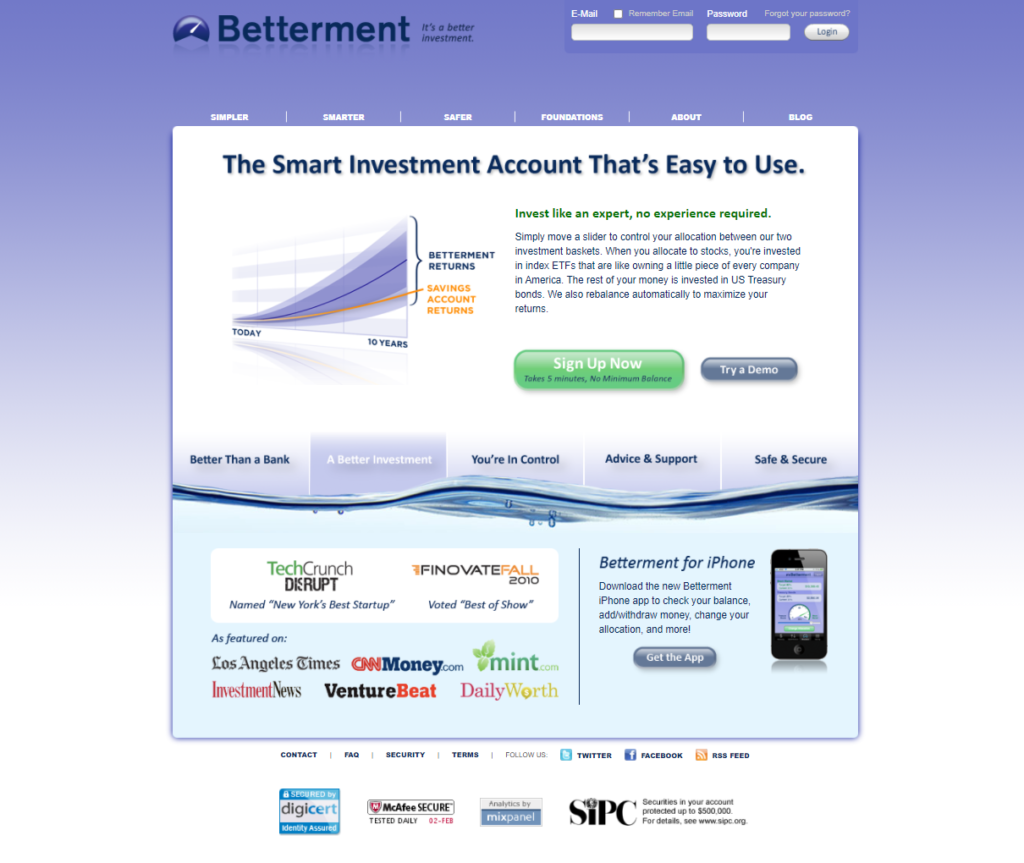 Screenshot der Betterment.com Website 2010