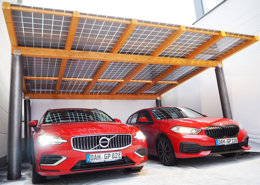 Wood/steel solar carport system with semi-transparent double glass modules