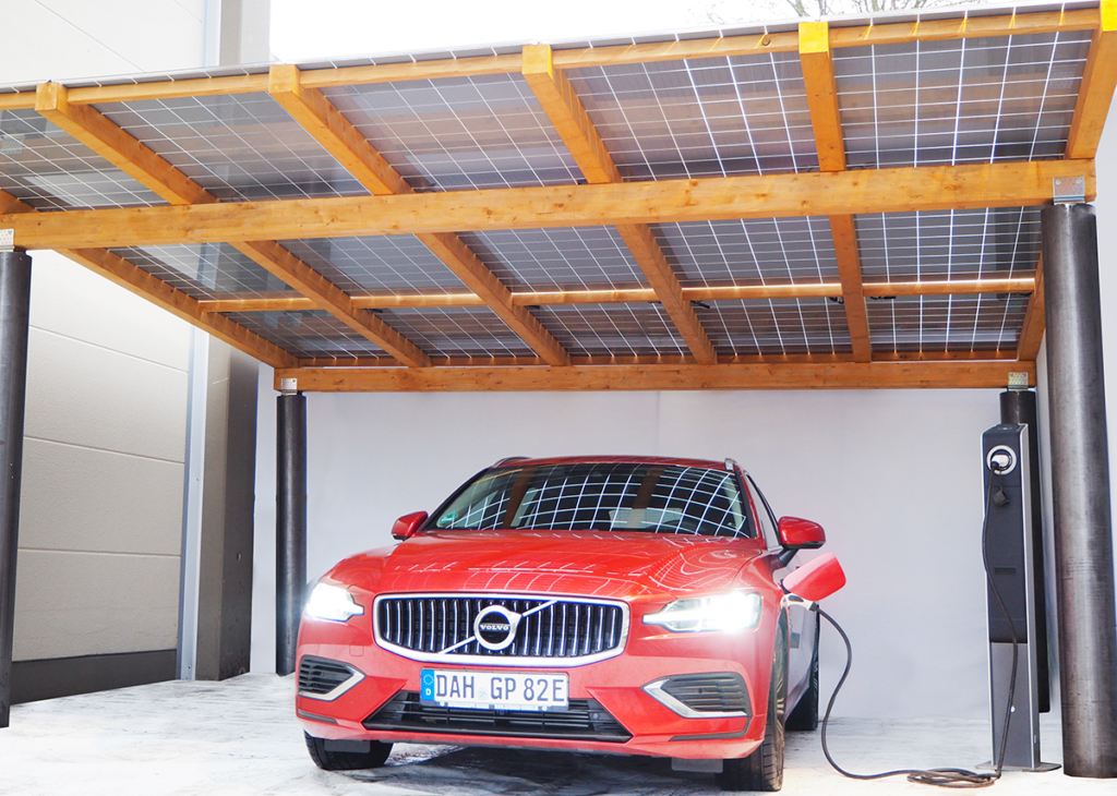Wood/steel solar carport system with semi-transparent double glass solar modules