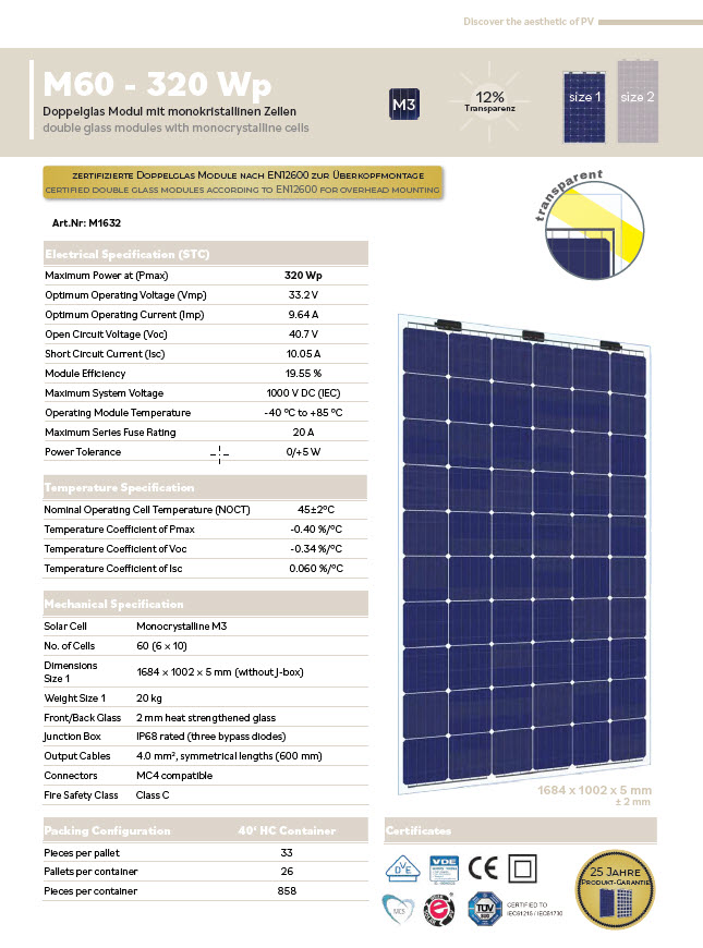 Technical data for the solar module M50 with 320 Wp