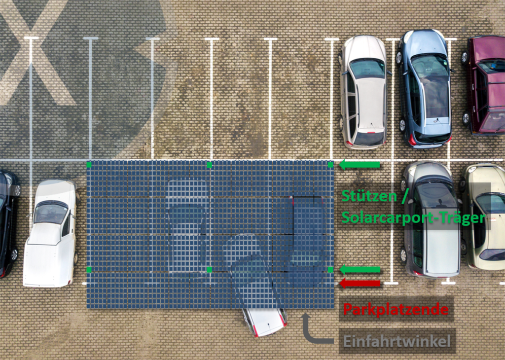 La misma situación de aparcamiento con una subestructura de garaje solar de 4 pilares sigue siendo la misma que con las plazas de aparcamiento abiertas.