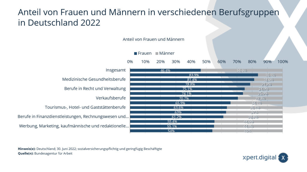ドイツのさまざまな専門職グループにおける女性と男性の割合 2022 年