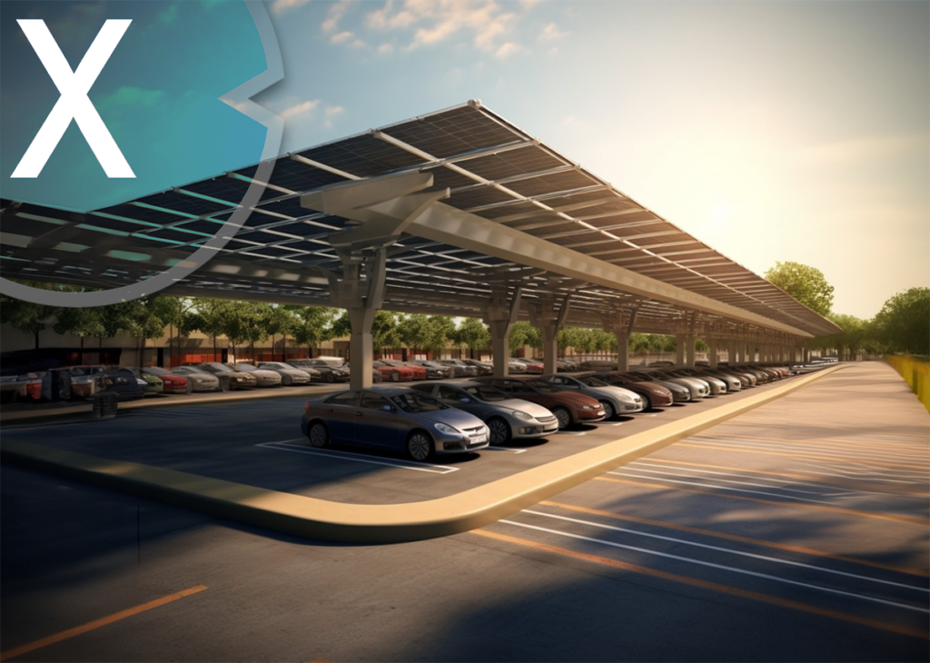 Macchina per rendering 3D AI e XR: tettoie per posti auto fotovoltaici - La soluzione energetica a prova di futuro per aziende e istituzioni pubbliche