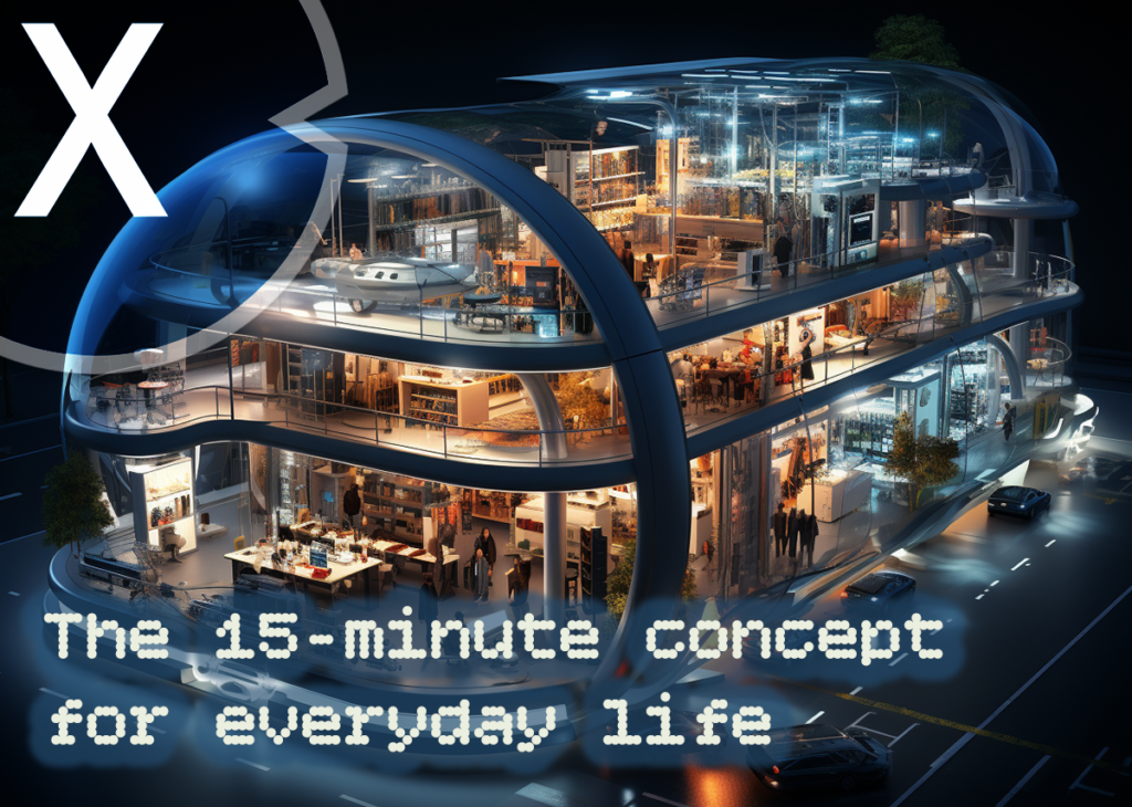Maszyna renderująca 3D AI i XR: Miasto przyszłości - Osiągnij wszystko w 15 minut - Życie w harmonii z mobilnością i komfortem