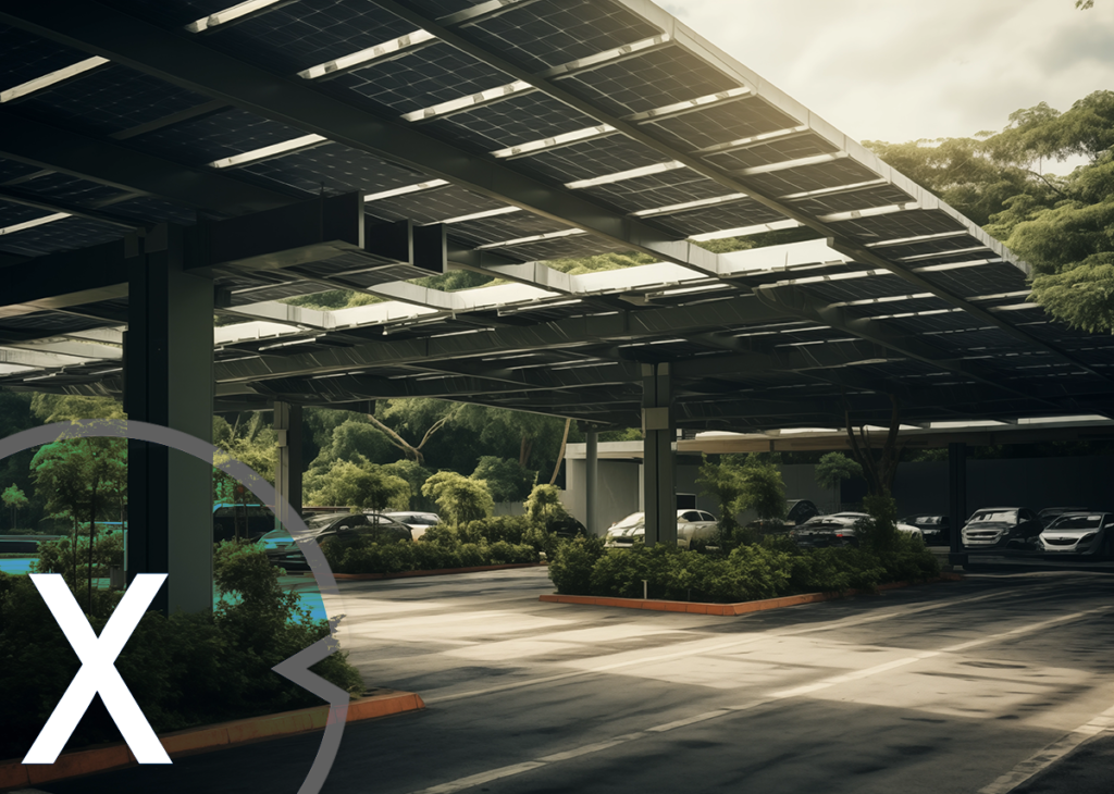 AI &amp; XR 3D レンダリング マシン: 太陽光発電駐車場の透明な太陽電池モジュール