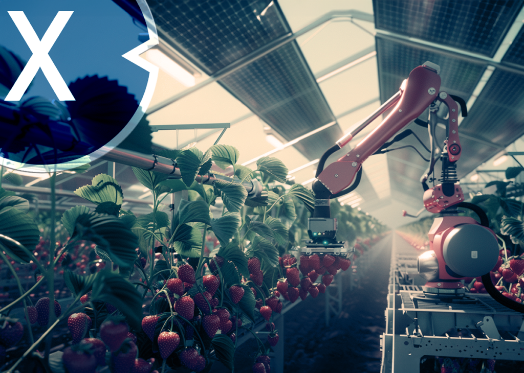 Harvesting robot for strawberries (symbolic image) in a solar greenhouse with semi-transparent solar panels as a roof