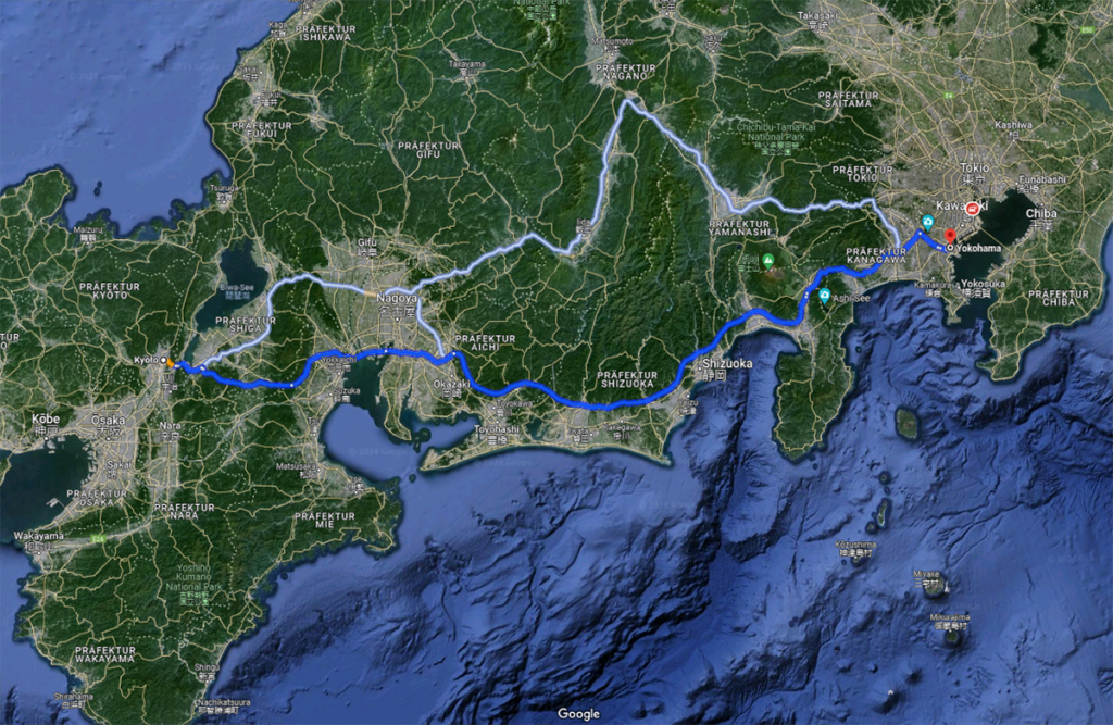 Ruta de 500 km por autopista entre Tokio-Yokohama y Kioto-Osaka-Kobe