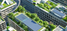 都市計画：より良い都市気候を実現するための、ファサードソーラーとソーラーシティパーゴラと並行したGreen-PVルーフコンセプト（太陽光発電と屋上緑化）